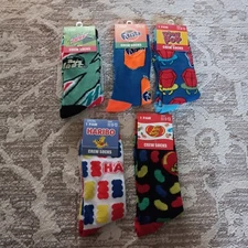 Lot Of 5!  Novelty Unisex Crew Socks,Size 6-13 Fanta/Mtn.Dew/Haribo Candy...