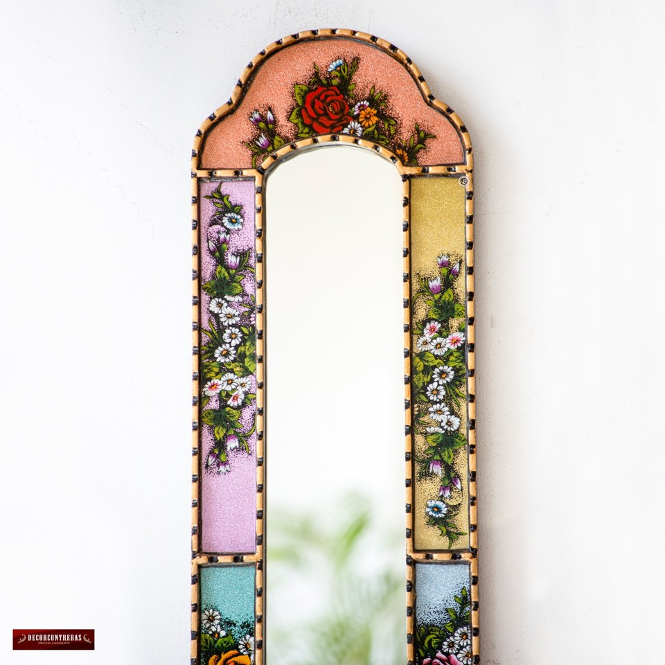Peruvian Long Multicolor skinny Narrow Mirror 35.8" tall Wall art Home