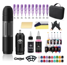 PROFESSIONAL Tattoo Pen Gun WIRELESS Machine Kit Power Supply Cartridge Needles