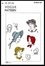 BABY BONNET Vogue 2271 Sewing Pattern CHILD Sunbonnet Cap Hat 19" Head