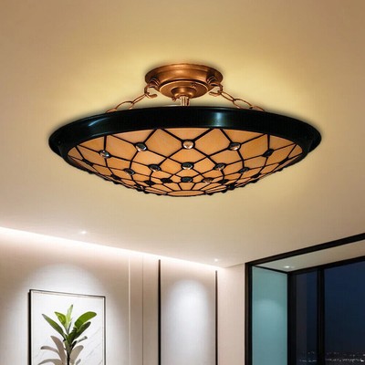 16.5''-Wide Retro Bowl Stained Glass Tiffany Ceiling Lamp Flush Mount Lighting