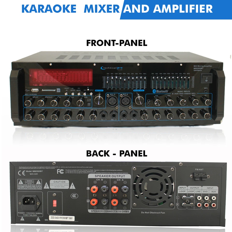New Technical Pro 2000 Watt DJ Karaoke Mixer & Amplifier with Built-in Bluetooth - Image 4 of 4