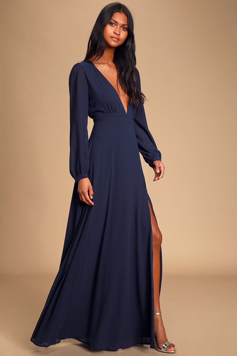 long blue long sleeve dress Navy Maxi | Womens | Small | 100% Polyester this evening dress offers Slim Fit Dress Logo cotton twill shirt COLOR:As Photo