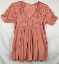 Umgee Women's Mini Dress Eyelet V-Neck Short Sleeve Pockets Blush Size Small