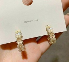 Fun Fashion Jewelry Yellow Gold White Acrylic Flower Stud 1" Round Hoop Earrings