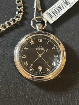 GINO FRANCO POCKET WATCH WITH CHAIN AND TAG BLACK DIAL SILVER WORKS!