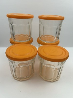 VTG Luminarc France 6 Pc Jam Jars 10 Sided Glass Containers Orange Lids ST#139