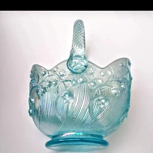 Vtg Fenton Lily of the Valley Basket Blue Opalescent Art Glass NOS