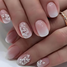 Wei&szlig;e quadratische Press On N&auml;gel kurz 24 St&uuml;ck mit Blumenmuster Pink