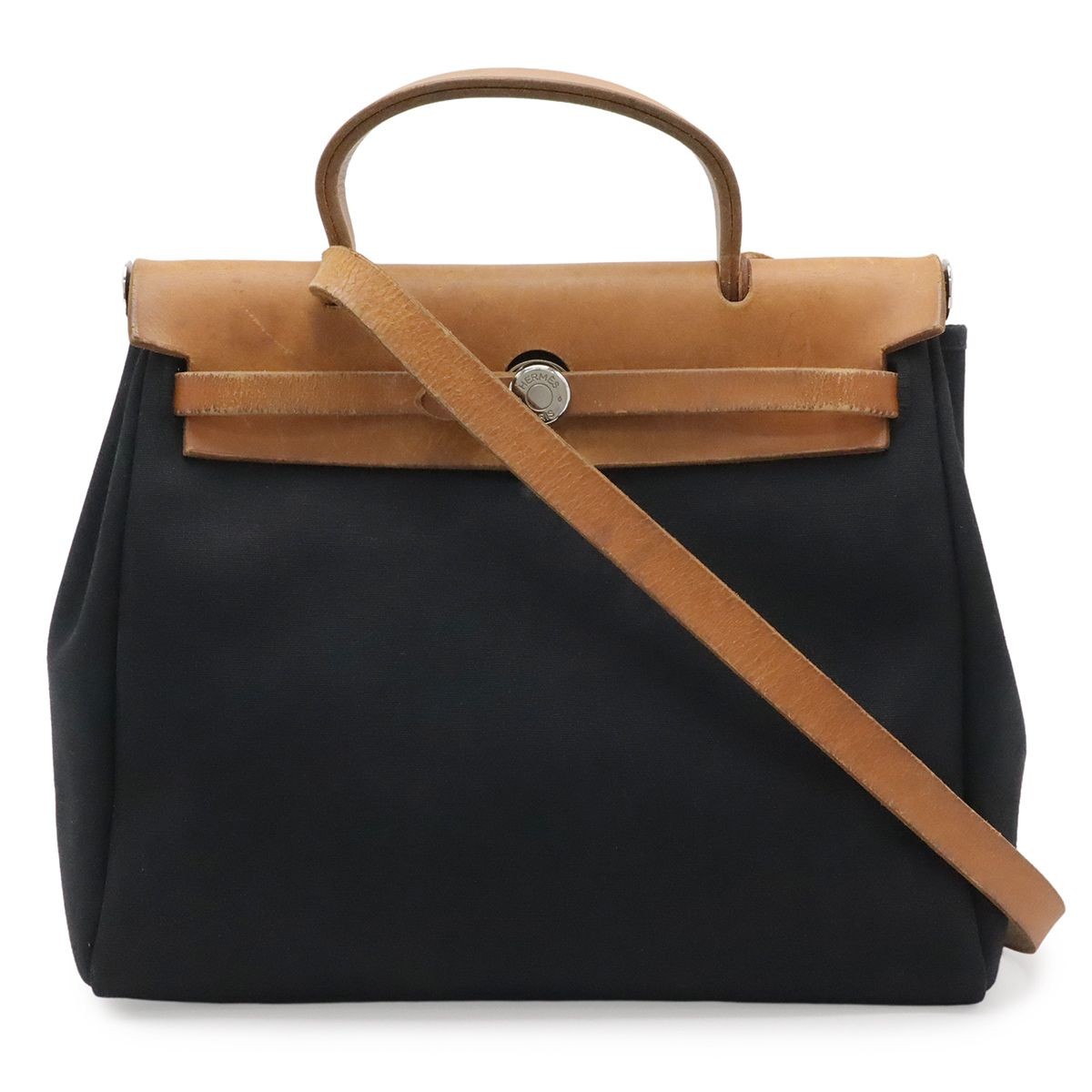 Hermes Herbag PM 2Way Toile Officier Black Beige Shoulder Bag Padlock Key Auth