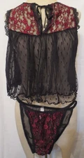 Vtg Alana Gale  Intimates  Red Black Lace Babydoll Crop top string bikini