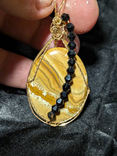 Wire Wrapped Jasper Teardrop Pendant Necklace Gold Cord w/ Black Beads