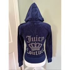 Juicy Couture Navy Velour Hoodie Crystal Logo Back Y2K size Small