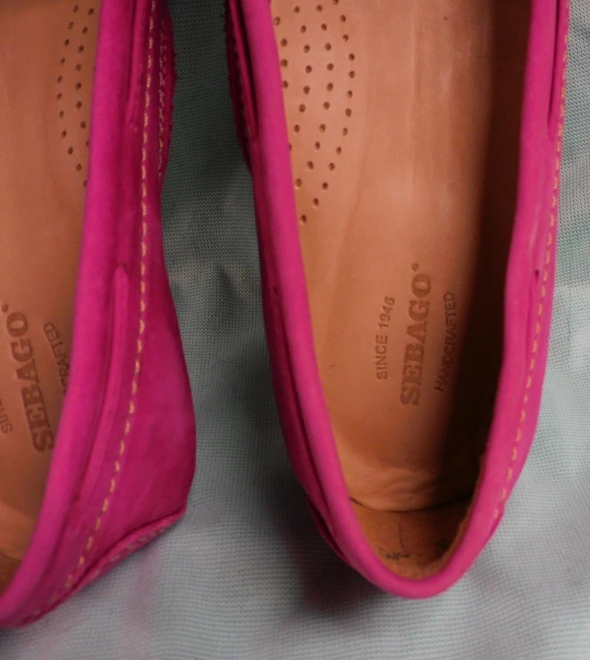SEBAGO WOMEN'S SHOES FLATS MOCCASINS LOAFERS PINK SUEDE BOW & FRINGE 9M NEW - Image 2 of 4