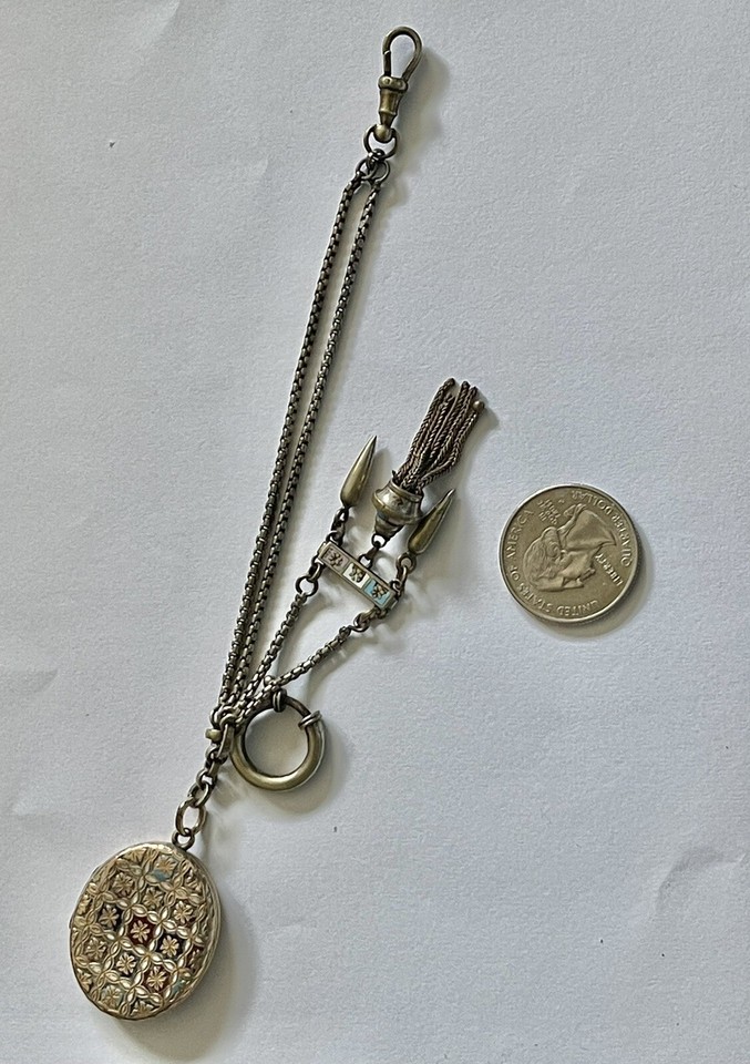 Antique Victorian Rolled Gold Enamel Oval Locket & Fob Watch Chain 5 1/ ...