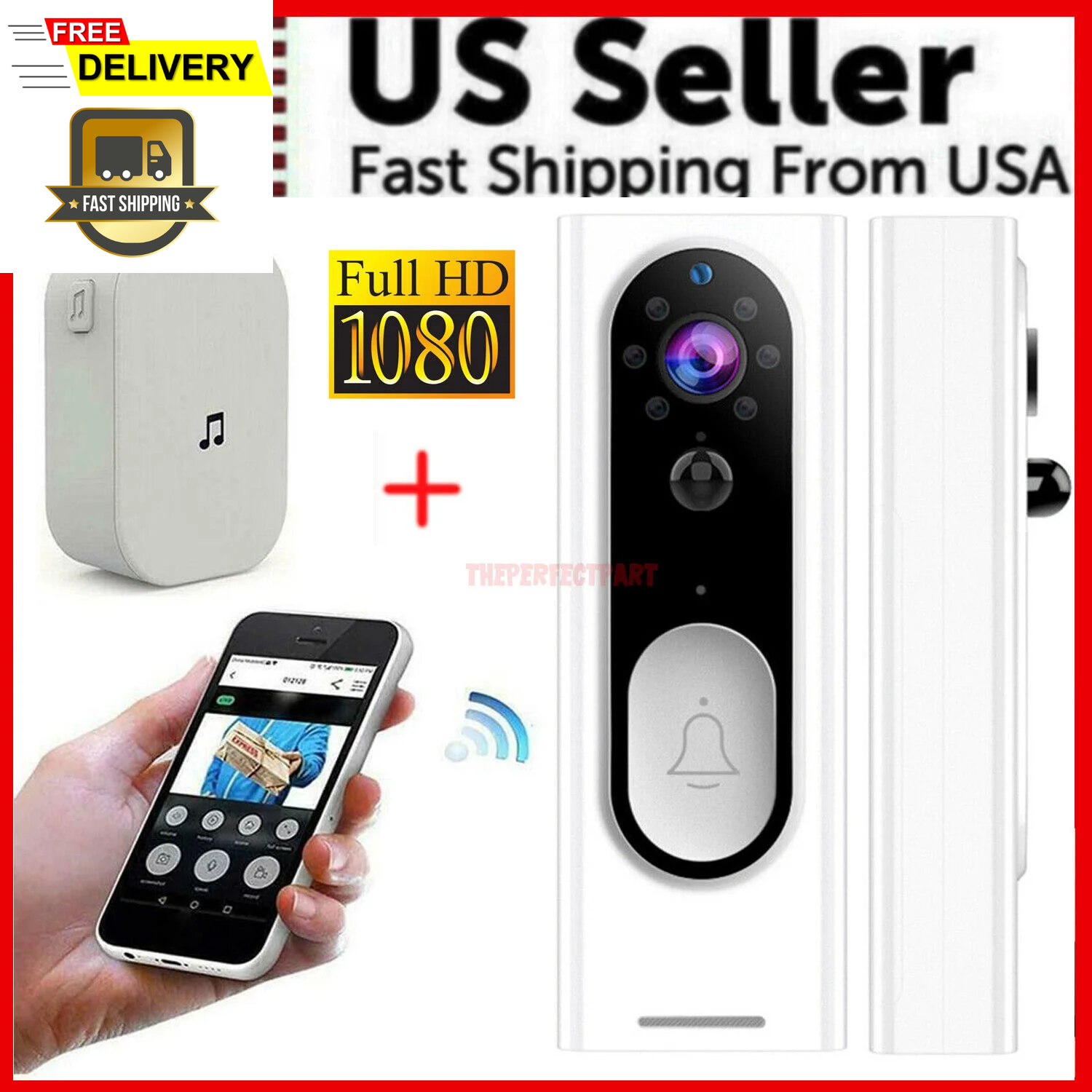 Wifi Ring Doorbell 1080P HD Security Camera Wireless Door Bell Camera with Chime-image