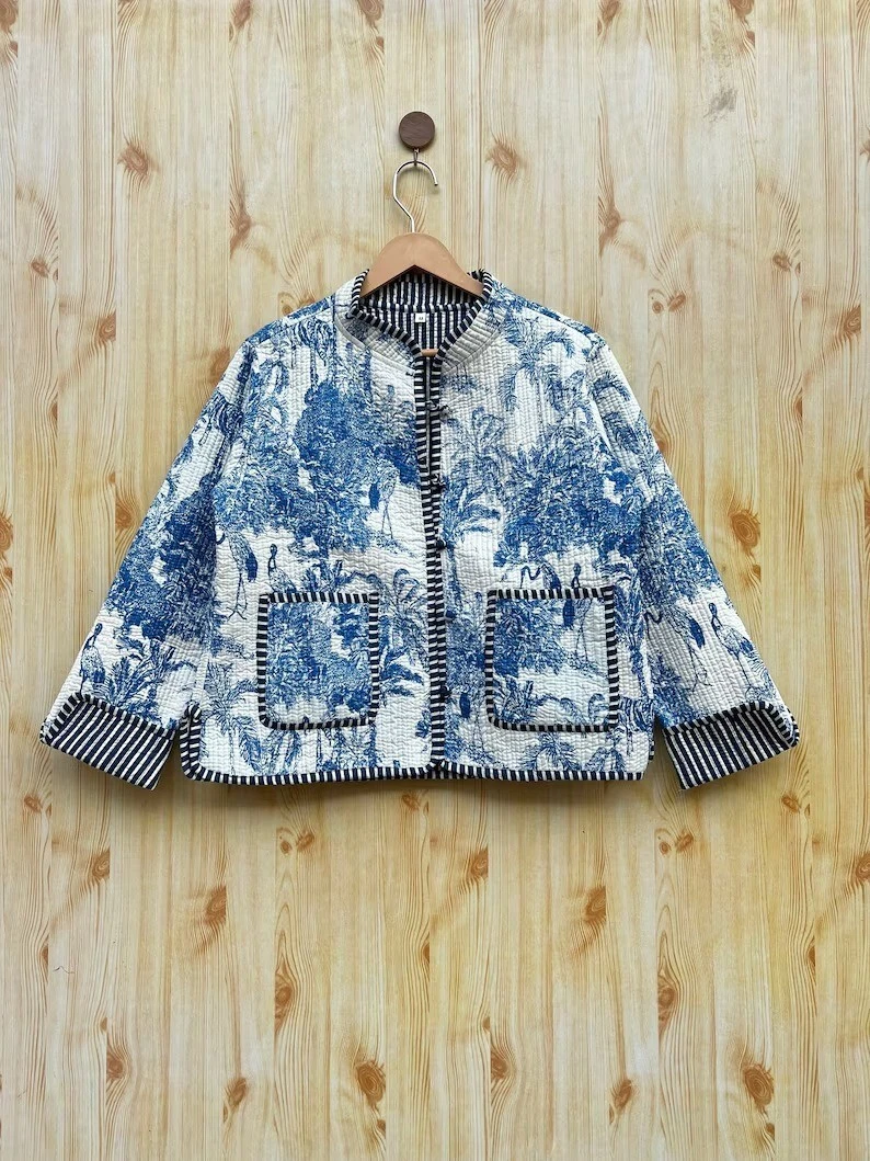 Indian Blue Forest 100% Cotton Quilted Unisex Jacket Women's Clothing Jackets AU