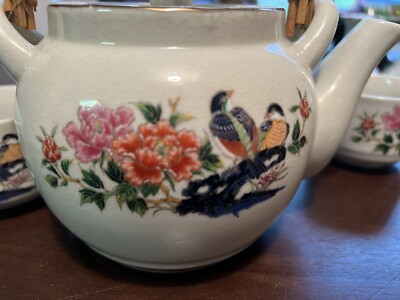 VTG OMC Japan Otagiri Tea Set Birds Flowers Pattern Bamboo Handle