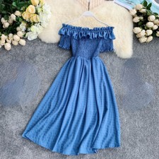 Ladies Chiffon Short Sleeve Dress Off Shoulder Frill Ruffled Swing Summer Party
