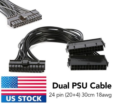 24 Pin 20+4 Dual Multiple PSU Power Supply Splitter Adapter 30 cm 18AWG USA FAST