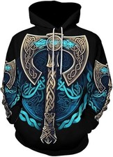3D Viking Axe Hoodie Blue Norse Rune Print Pullover Sweatshirt for Men Women Kid