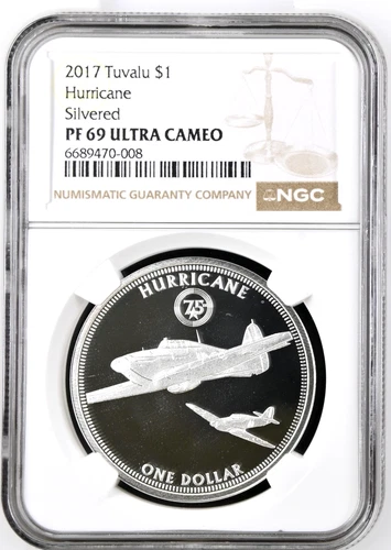 2017 Tuvalu $1 Dollar Silvered Elizabeth II WWII Fighter HURRICANE NGC PF 69UC