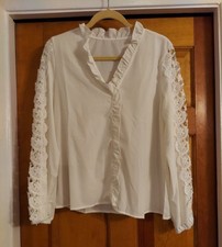 Women's White V-neck Top With Ruffle  Open Lace Detail Along Sleeves Sz.L NWOT