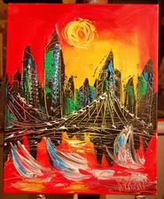 NICE VIEW ABSTRACT  IMPRESSIONIST RED ORIGINAL OIL  PAINTING  CANADIAN hEeg34