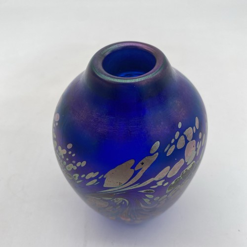 Maytum Studios Hand Blown Vase Blue Art Glass Iridescent Oil Spill ~5.5” - Picture 14 of 23