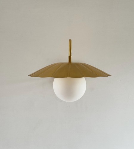 Modern Brass Wall Sconce Light with Leaf Shade | Mid Century Gold Wall Lamp Fixt - Picture 2 of 6
