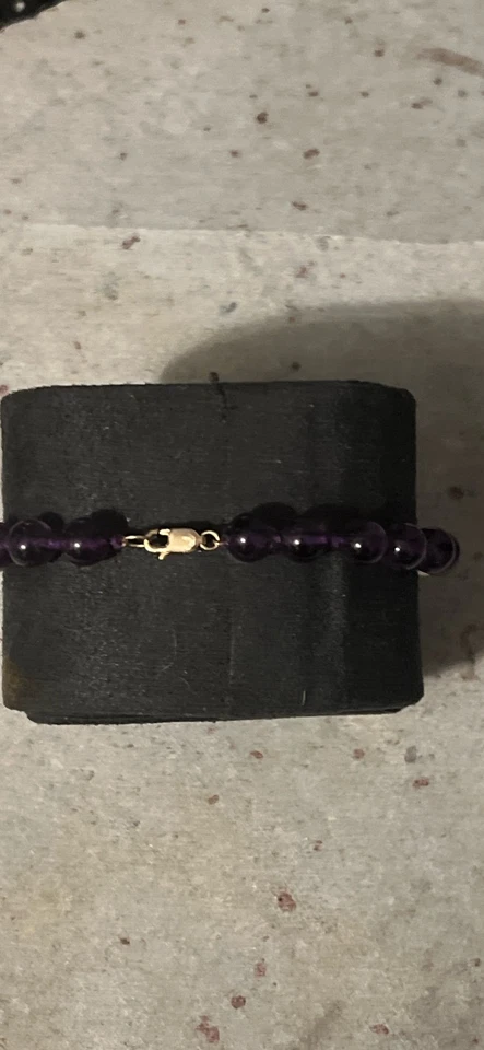 Amethyst & Pearl Hand-tied Beaded 8” BRACELET 14k 585 Yellow Gold accents - Image 4 of 4