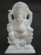 Marble Lord Ganesha Statue with Carving Work White Ganpati Ji Sculpture 9 Inches