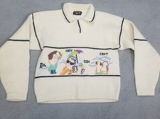 Unisex Vintage White Collared SHANGHAI Stitched Front Long Sleeve Sweater