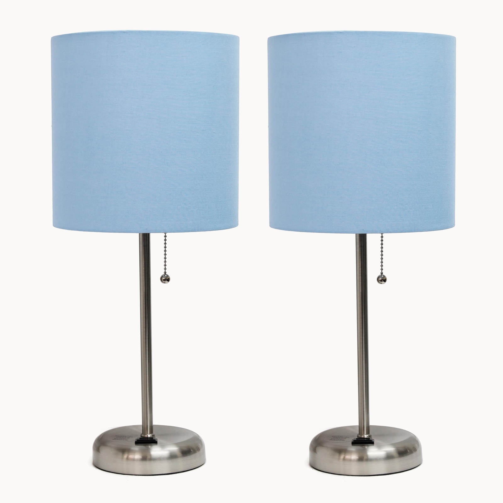 LC2001-BLU-2PK Brushed Steel Stick Table Lamp Set with Charging Outlet and Bl...