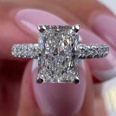 3.00Ctw Radiant Cut Moissanite Hidden Halo Engagement Ring 14K White Gold Plated