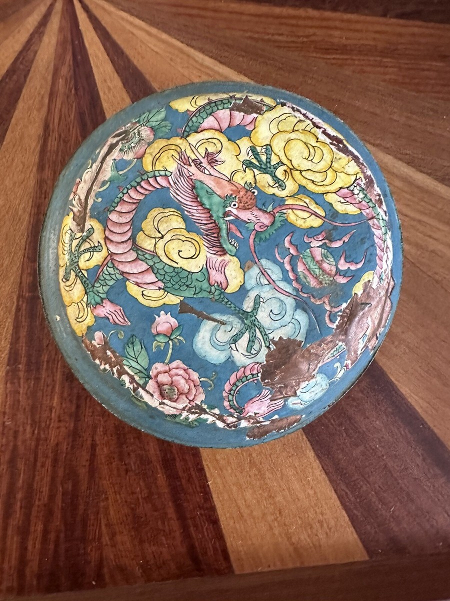 Antique Chinese Copper Enamel Dragon Phoenix Powder Box Rouge Box 