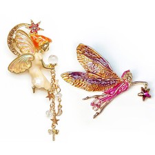 2pcs Brooch Gold Orange Pink Fairy Sprite Angel Star Moon Fairytale Fantasy Pin