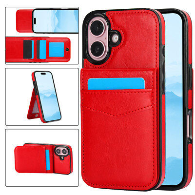 For iPhone 17 Pro Max 16 Plus 15 13 7 Card Pocket Kickstand Leather Phone Case