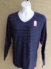  JUST MY SIZE 1X   L/S JERSEY KNIT V NECK STRIPED TEE SHIRT NAVY 