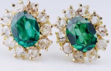 Antique Art Deco 18k Gold Earrings c1930 3ct Green Tourmaline Rose Cut Diamond