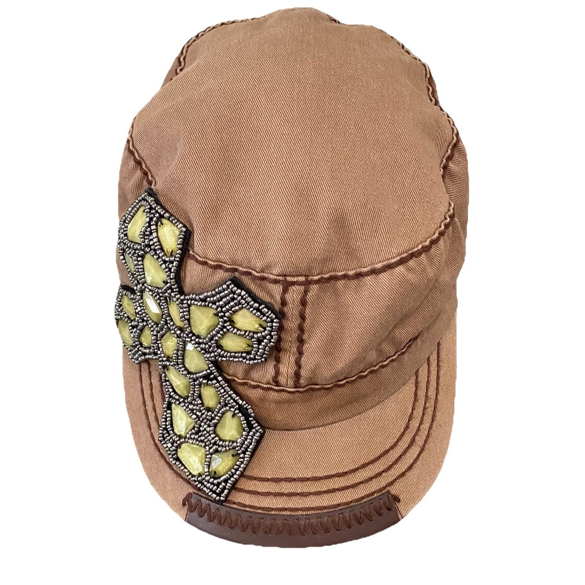 Y2K Boho Kitschy Gypsy Hippie Aztec Western Beaded cross cadet military cap hat Rhinestone Bling Fashion Women Military Cadet Castro Vintage  main image 4
