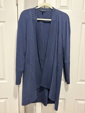 Eileen Fisher 1X Blue 100 Merino Wool Ribbed Open Front Cardigan Sweater