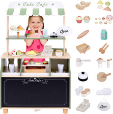 Wooden Coffee Shop  Grocery Play Set with 37 Toy Foods for Kids 3-6 Years