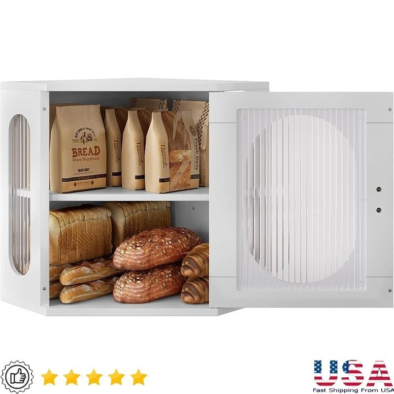 Large Wooden Bread Box Double Layer Kitchen Storage Container Acrylic Window New