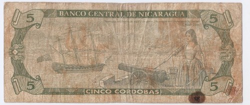 Nicaragua 5 cordobas ND (1991) Indian Chief Diriangén, Rafaela Herrera, warship - Picture 2 of 2