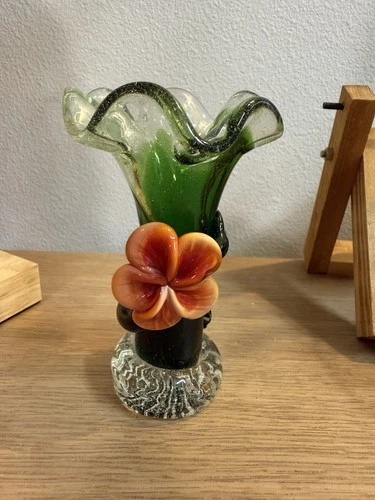 Hand Blown Vintage Glass  Vase With Tulip Shaped Top And Glass Flower Accent
