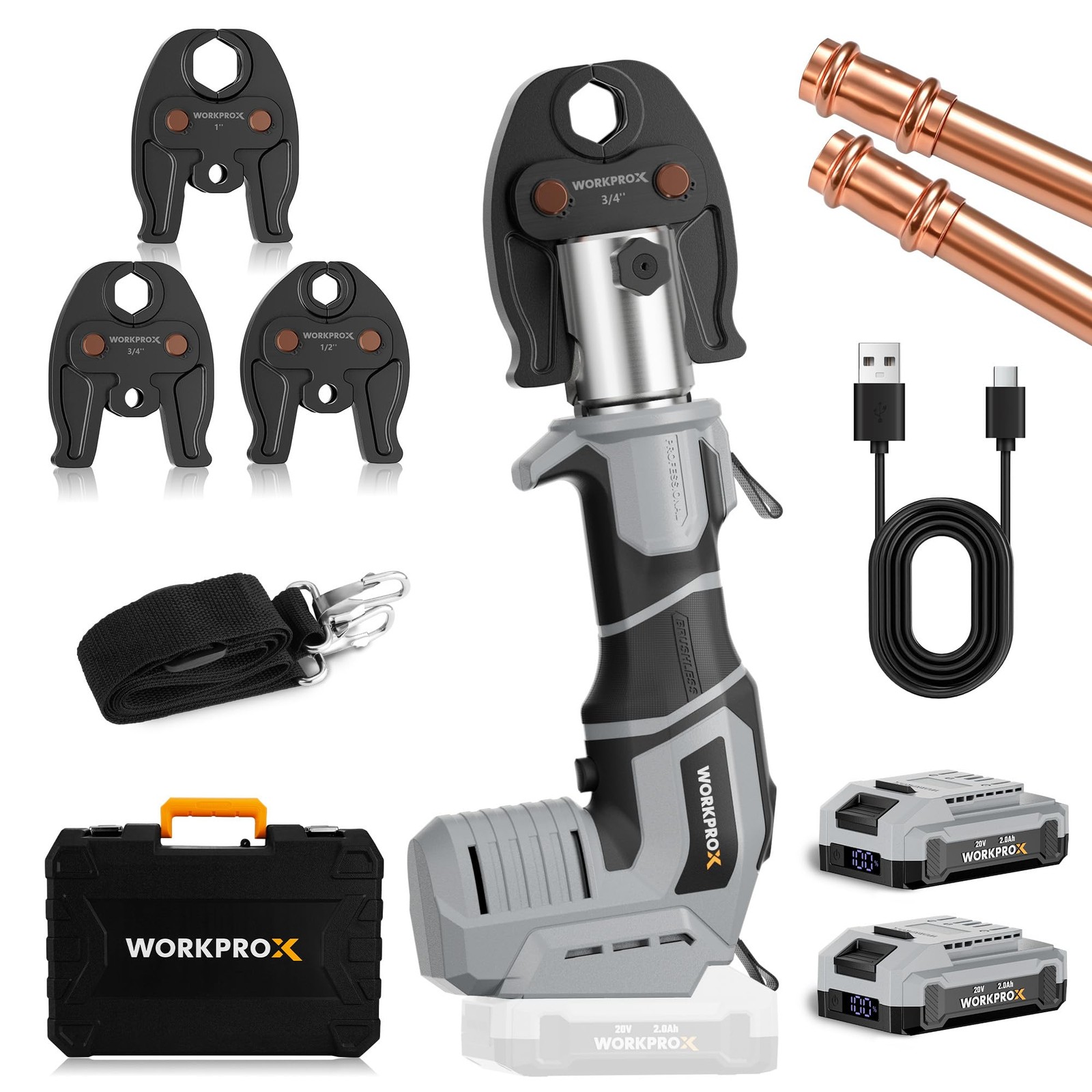 WORKPROX 20V Brushless Cordless Press Tool for 1/2", 3/4", 1" Copper Pipe USA