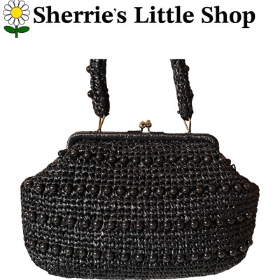 Vintage 1950s Expressly for Simon Woven Raffia Beaded Handbag