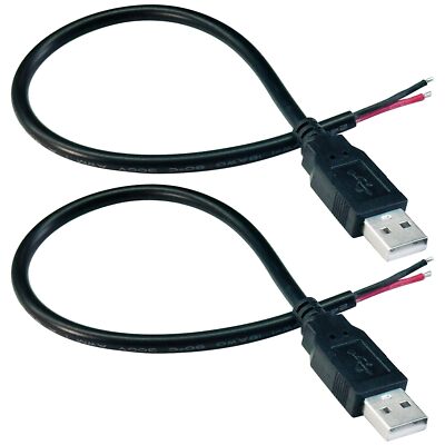 2Pcs 1Ft 18AWG USB 2.0 Male 2Pin Pigtail Cable 6A 5V USB A 2 Core Bare Wire O...