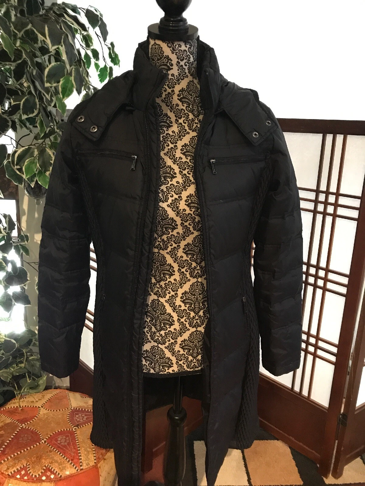 Michael Kors Packable Quilted Hooded Down Long Jacket Puffer Coat Black Size S